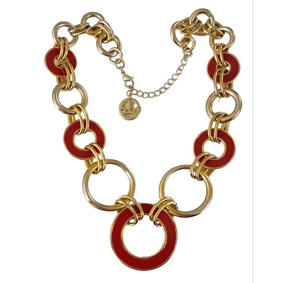 Trifari Gold Tone Red Enamel Open Round Chain Rings Link Necklace 18" Long, K532 - Picture 6 of 6